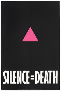 A_pink_triangle_against_a_black_backdrop_with_the_words_'Silence=Death'_representing_an_advertisement_for_The_Silence_=_Death_Project_used_by_permission_by_ACT-UP,_The_AIDS_Coalition_To_Unleash_P.jpg
